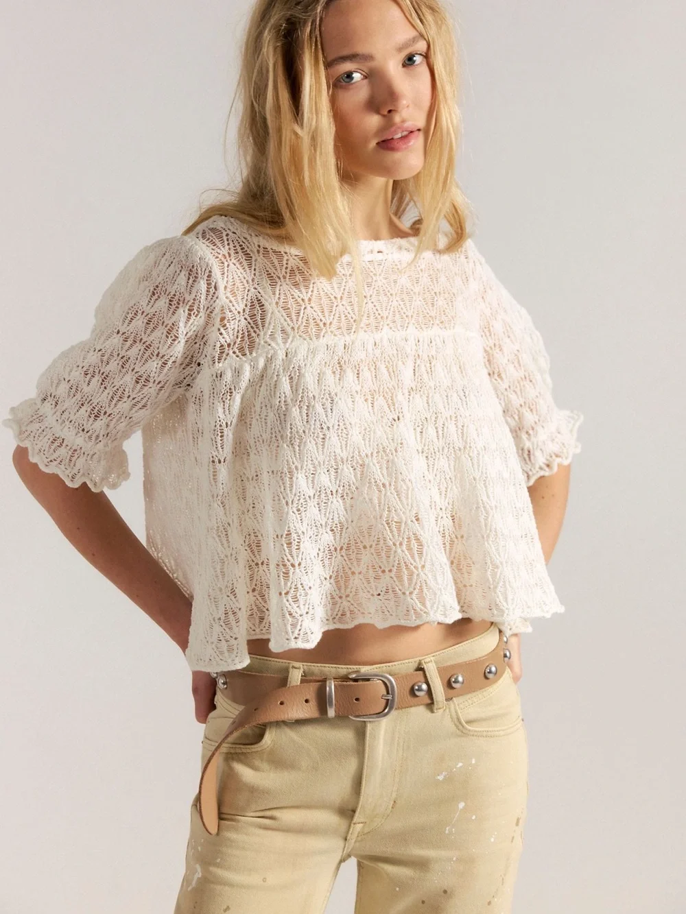 NWT Free People Lightweight White Knit Womens Natural Moonstruck Babydoll Blouse